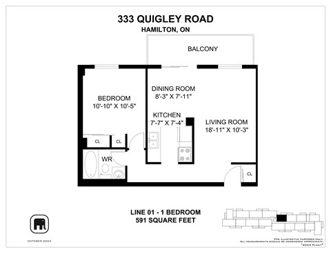 Floor plan for 1 bed, 1 bath, 609 sqft